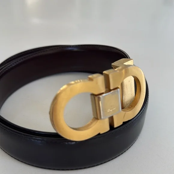 Salvatore Ferragamo Gold Dark Brown Leather Gancini Belt size 40”